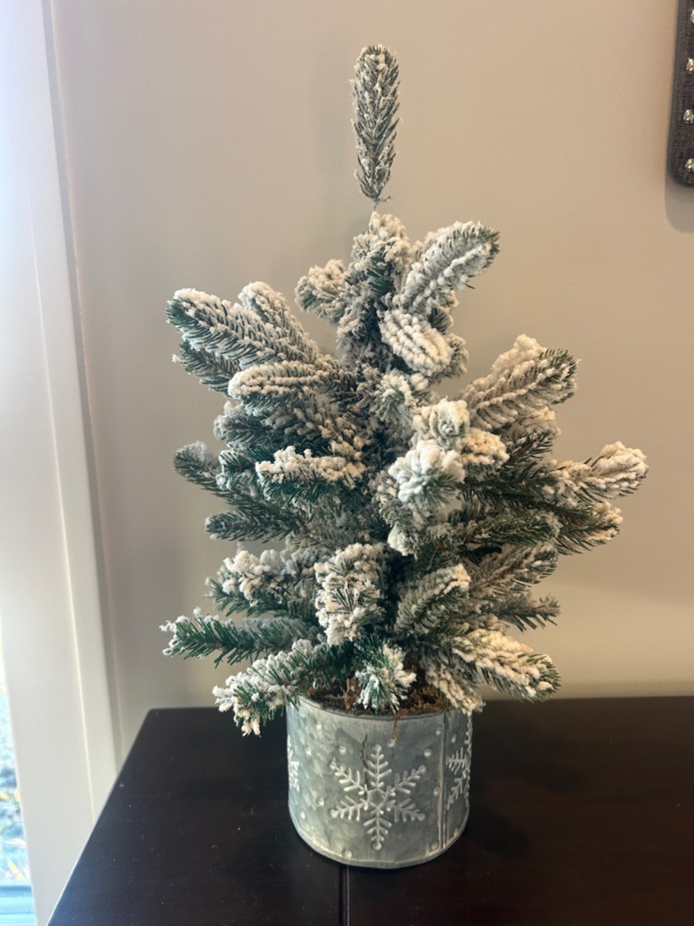 Flocked Mini Holiday Pine Tree in Snowy Green. 18” tall and 14” diameter at base